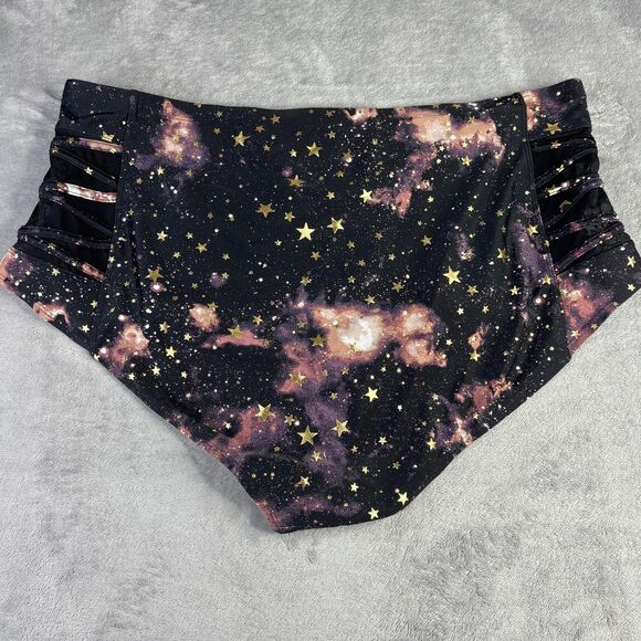 Torrid Swim Bottoms Womens 4 4X Galaxy Gold Foil Star High Waist Ruched Cutout - Picture 10 of 11